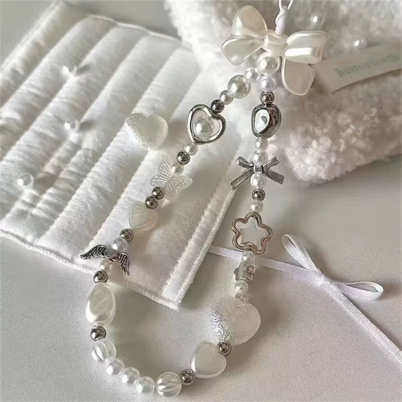 Beaded Phone Chain Charm Lanyard for Iphone Samsung, Cute Baroque White Bow, Flower Charm, Universal Accessories Jewelry Pendant