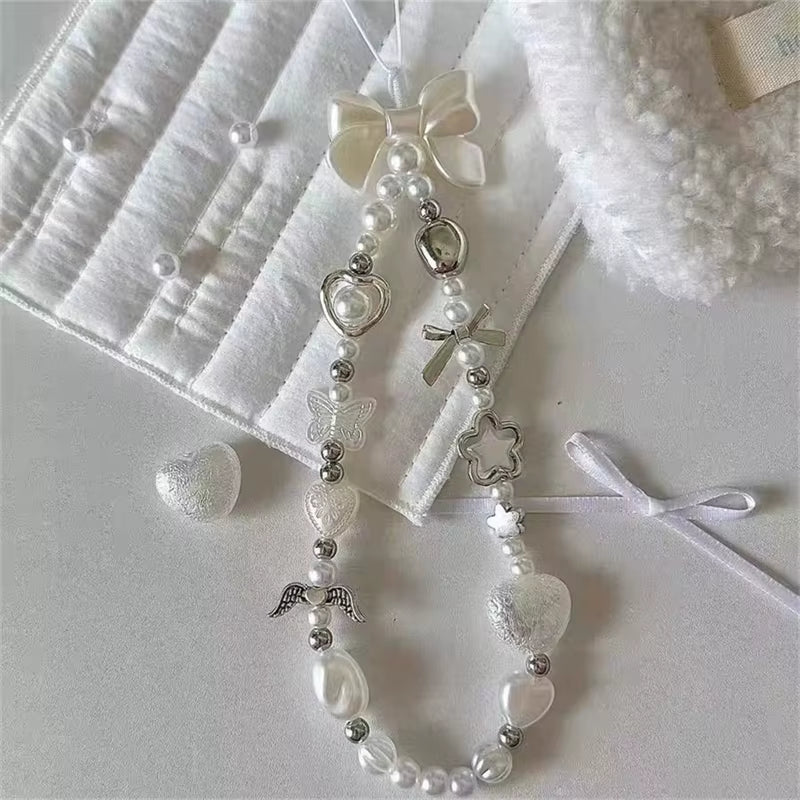 Beaded Phone Chain Charm Lanyard for Iphone Samsung, Cute Baroque White Bow, Flower Charm, Universal Accessories Jewelry Pendant