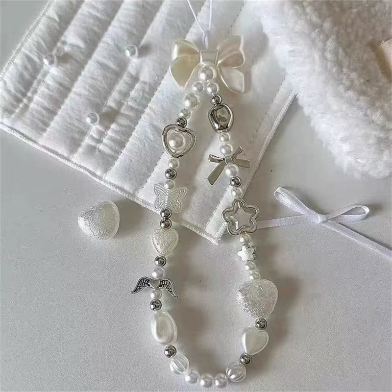 Beaded Phone Chain Charm Lanyard for Iphone Samsung, Cute Baroque White Bow, Flower Charm, Universal Accessories Jewelry Pendant