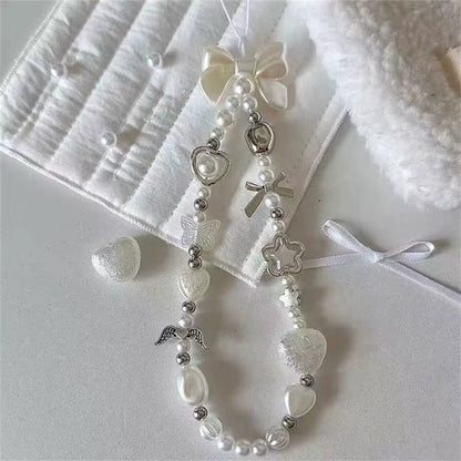 Beaded Phone Chain Charm Lanyard for Iphone Samsung, Cute Baroque White Bow, Flower Charm, Universal Accessories Jewelry Pendant